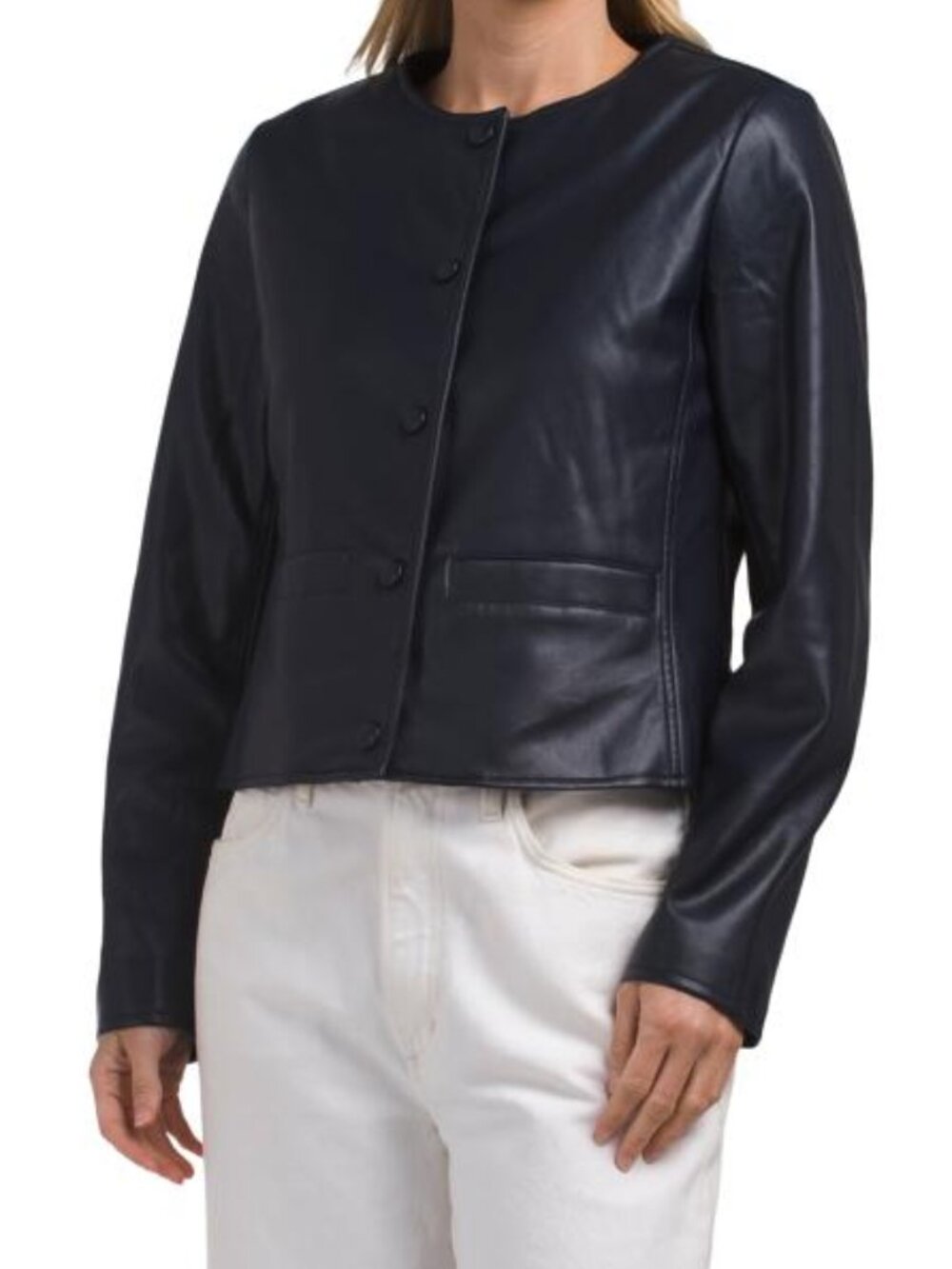 ELIE TAHARI Navy Long Sleeve Crew Neck Button Front Jacket With Welt Pockets